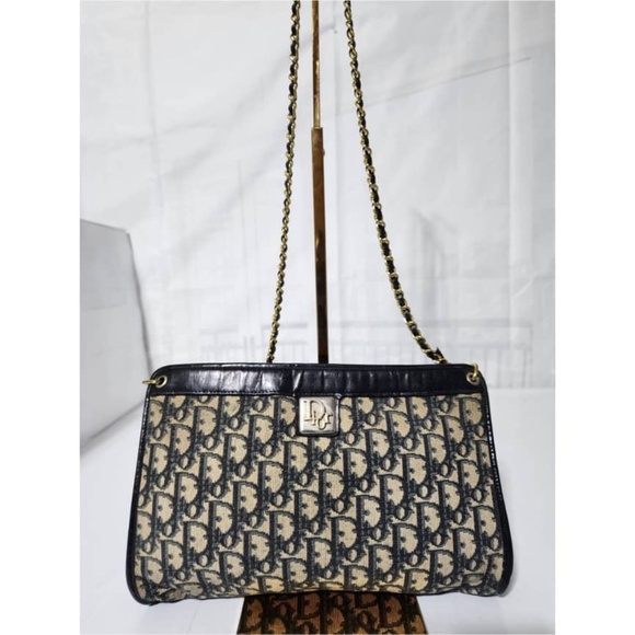 SOLDAuthentic Christian Dior Vintage Trotter Canvas Shoulder Bag Navy Blue/Beige - Picture 16 of 16